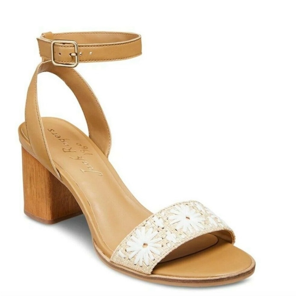Jack Rogers Bettina Tan Block Heel Sandals with Floral Detail 8.5